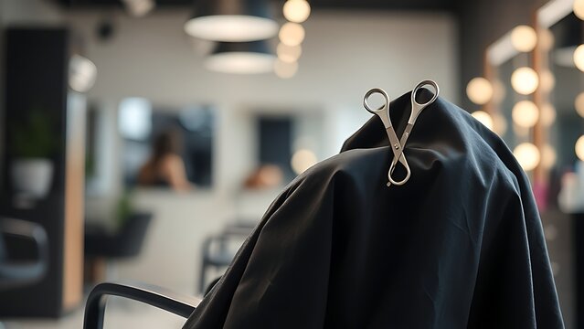 stylist. Hair salon setup with scissors and cape ready for client service. lifestyle magazines, social media lookbooks, designed for lifestyle magazines and social media content.
