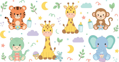 Fototapeta premium Cute Baby Jungle Animals with Bottles Toys Moon Clouds Nursery Cartoon Tiger Giraffe Monkey Elephant Vector Illustration Set