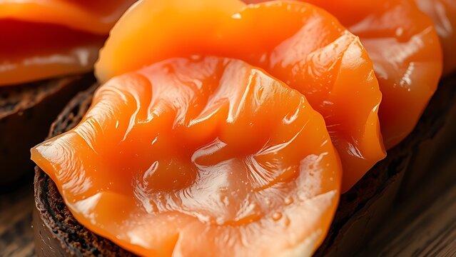 tonalite. Close-up of oily smoked salmon slices on dark rye bread. menu design, packaging mockups, designed for culinary blogs and recipe cards for restaurants, used by interior designers.