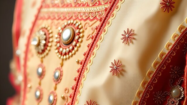 shockabsorber. Close-up of a traditional garment with intricate mirror work and silk embroidery. STEM education sheets, lab safety posters, designed for biotech research communications.