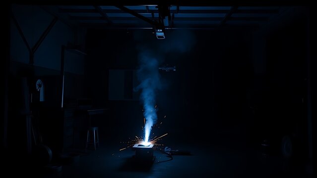 applicability. A dark garage interior illuminated by the intense blue-white core of a welding torch flame. safety posters.