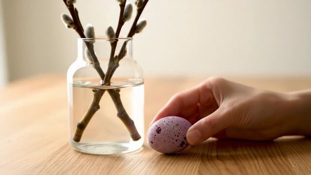 a hand gently placing a speckled Easter egg next to a vase with pussy willow branches. Clean, minimalist spring composition with high-utility copy space in the blurred background.