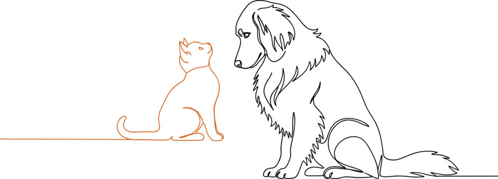 Minimalist line art illustration of friendly dog and cat sitting together pet companionship concept simple outline vector isolated on background