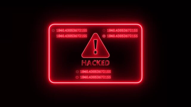 Red neon hacked cyber security warning interface animation with glowing digital breach alert panel and futuristic hacker intrusion security display