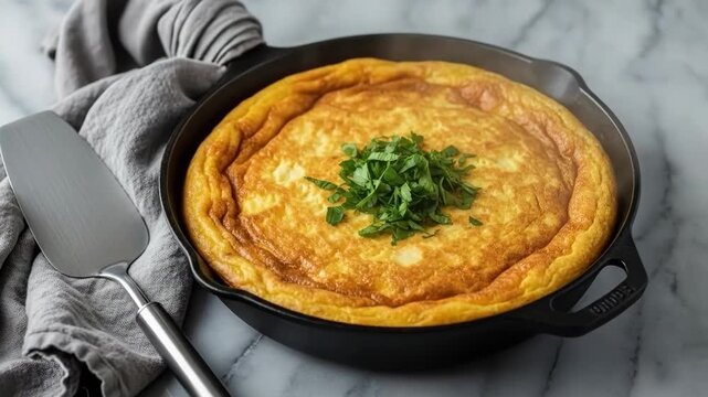 A delicious frittata in a cast iron skillet with a spatula on a marble countertop in a cooking