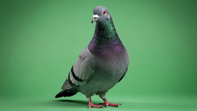 A pigeon stands alone on a green background in a studio setting