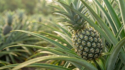 Obraz premium Fresh Pineapple Growing on Plant in Tropical Farm – Organic Agriculture and Tropical Fruit Plantation