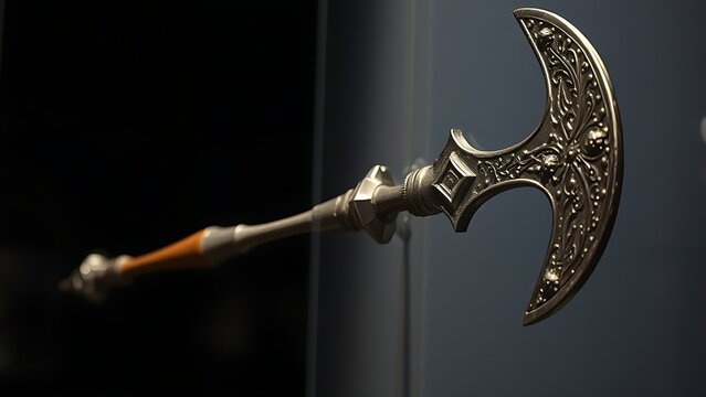 polearm. A medieval halberd with axe blade and spear point, displayed in museum lighting. event programs, museum guides, designed for cultural heritage projects and event programs.