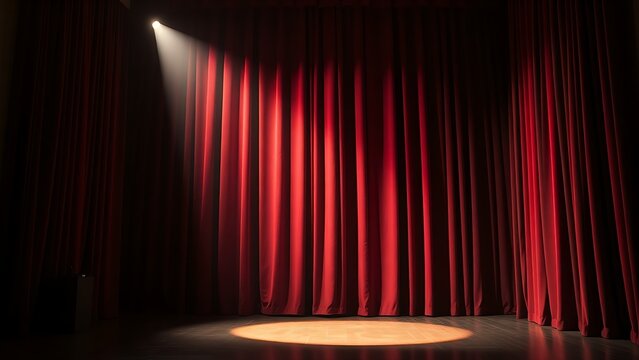 mortification. Theater curtain rises on an empty stage under a single dramatic spotlight. event programs, museum guides, designed for cultural heritage projects and event programs.
