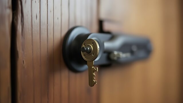 misaligned. A brass key slightly misaligned with a lock on an old wooden door. real-estate listings, architecture portfolios, designed for real-estate listing and luxury residence showcases.