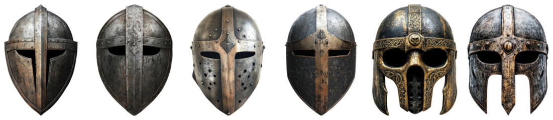 Collection of Ancient Helmets Representing Historical Armor Designs Isolated Transparent Background