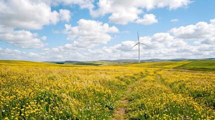 A serene landscape of a yellow flower field with a wind turbine under a blue sky with white clouds