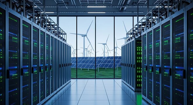 Modern data center with rows of servers and a glimpse of renewable energy sources including wind turbines and solar panels reflecting sustainable