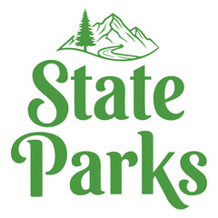 State Parks logo with mountain, tree and nature trail &mdash; tourism branding, outdoor recreation and conservation for travel, lifestyle and educational content.