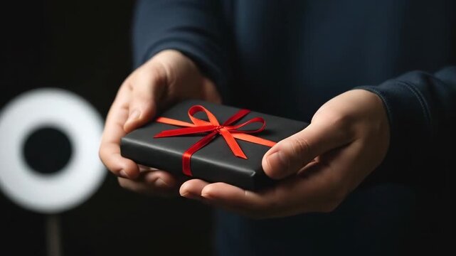 A person holding a gift box with a red ribbon in a dark room for a