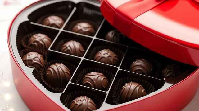 A heart-shaped box of assorted chocolates is open on a white surface for Valentine's Day