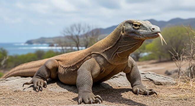 A large Komodo dragon with its tongue out, standing on rocky ground with a coastal landscape and blue sky in the background.
