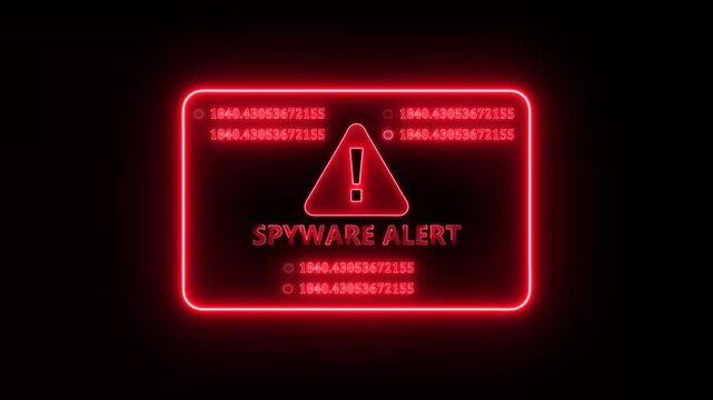 Red neon spyware alert cyber security warning interface animation with glowing digital threat panel and futuristic monitoring security display