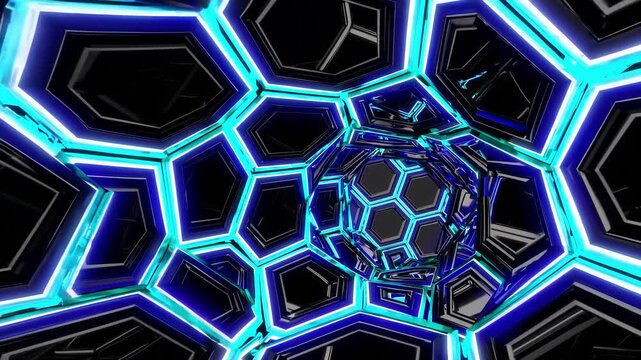 Futuristic hexagonal honeycomb with glowing blue neon edges; a 3D abstract geometric design, reflective and high-tech