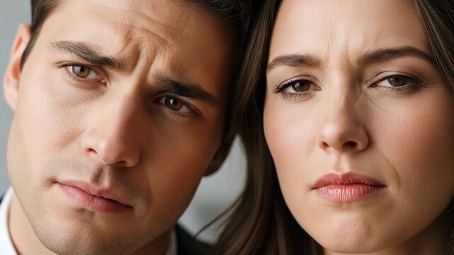 A worried man and woman look concerned in a close-up portrait