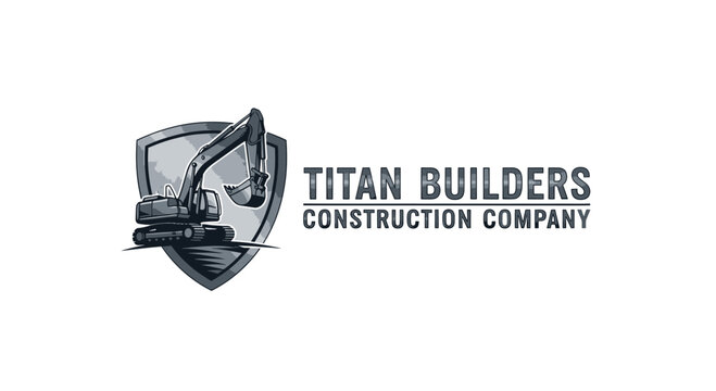 Construction Company Logo with Excavator and Shield