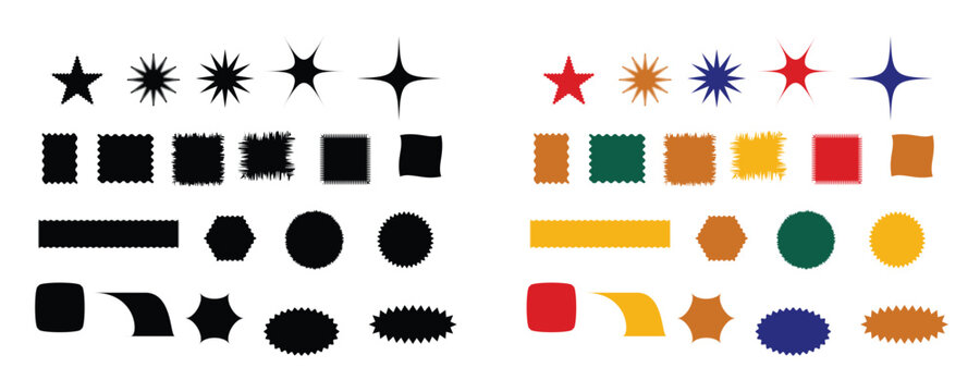 Abstract Shape Vector Set, Hand Drawn Black and Colorful Starburst Badge Burst Label and Sticker Elements for Sale Tag, Promotion, Infographic and UI Highlight.