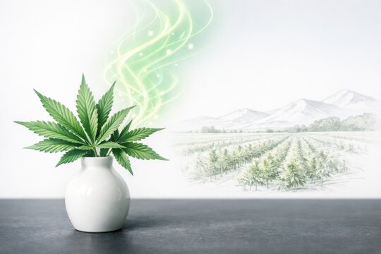 Cannabis leaves in ceramic vase with glowing green energy swirl and hemp field landscape illustrating organic cultivation concept