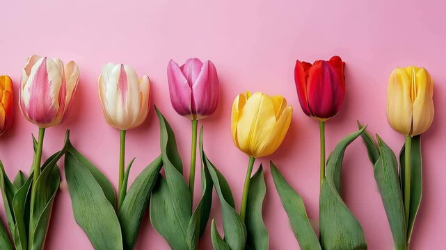 A vibrant showcasing a beautiful row of colorful tulips on a soft pink background