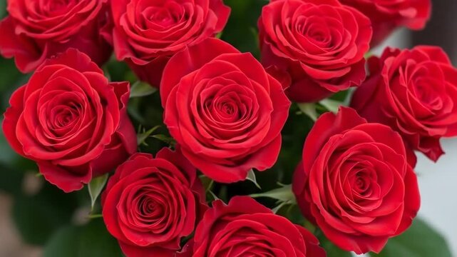 A beautiful bouquet of red roses in full bloom on display