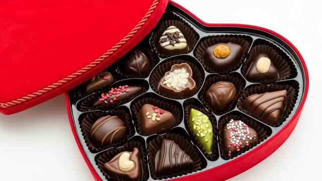 A heart-shaped box of assorted chocolates on a white background for Valentine's Day