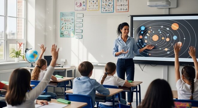 Female teacher explaining the solar system on an interactive screen to elementary school students in a bright classroom with children raising hands during a science lesson.