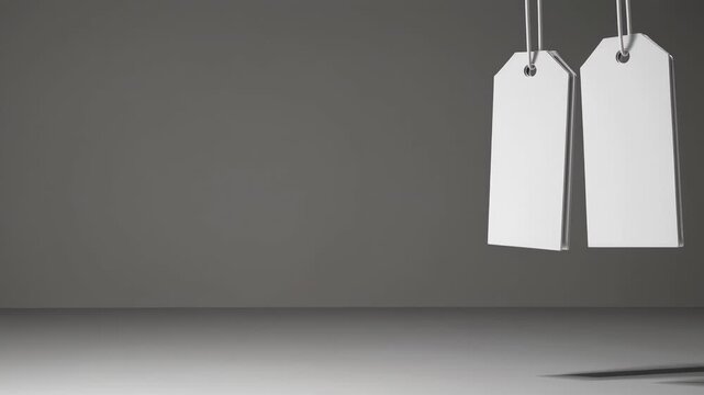 Two blank white price tags hang from strings against a textured grey studio backdrop; minimalist product mockup