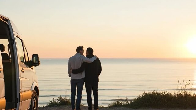 A loving couple standing by their van and gazing out at the serene ocean during a peaceful sunset