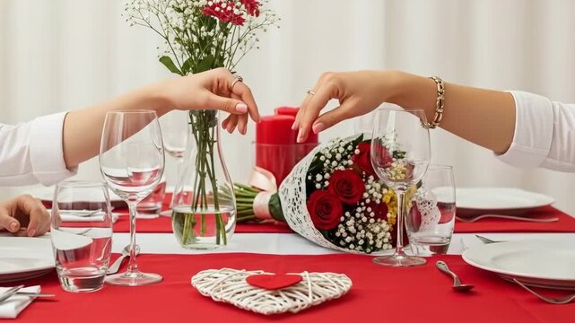 A romantic dinner setup with a couple holding hands across the table