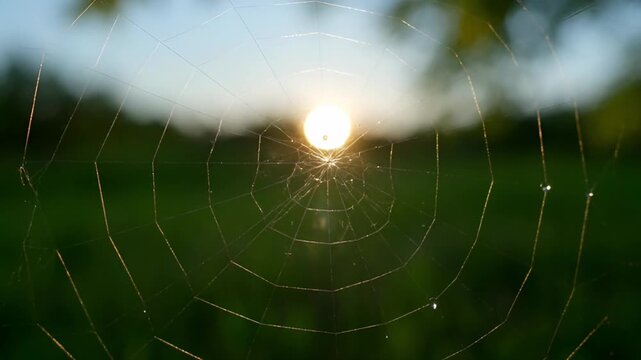 Sunlight shining through a spider web in a grassy environment background