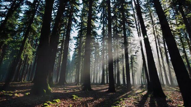 Sunlit pine forest at dawn; tall trunks rise through a soft mist while golden sunbeams filter onto a mossy forest floor