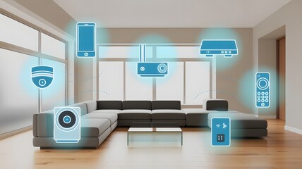 Modern living room showcases advanced smart home system Wirelessly connected glowing devices illustrate seamless digital automation and convenient con