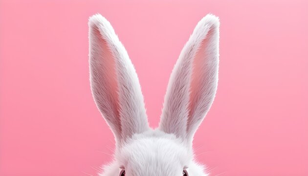 A close-up of a white rabbit's face with long ears on a pink background