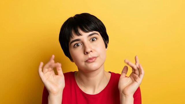A young woman with a puzzled expression gestures in front of a yellow background
