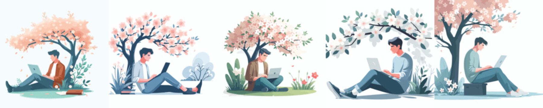 vector man sitting leaning under a tree in spring with a laptop
