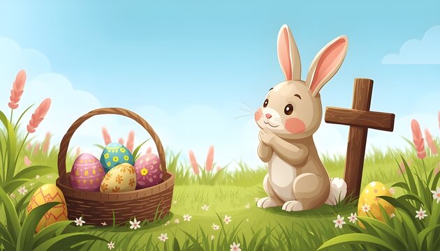 A cute cartoon bunny sitting next to a wooden cross and a basket of colorful Easter eggs in a green meadow with flowers
