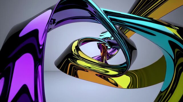 Abstract 3D sculpture of twisting neon ribbons in blue, purple, teal; highly reflective surfaces with smooth gradients against a neutral studio backdrop
