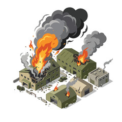 Naklejka premium isometric vector illustration of a military base damaged by a missile attack 01