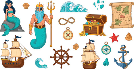 Pirate and ocean adventure vector set with mermaid sea king treasure chest ships map anchor compass nautical elements © Vector Design Hub