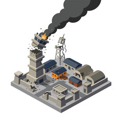 Naklejka premium isometric vector illustration of a military base damaged by a missile attack 001