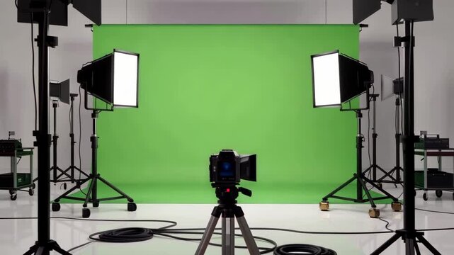 A professional recording studio setup with a green screen and lighting equipment for high quality production