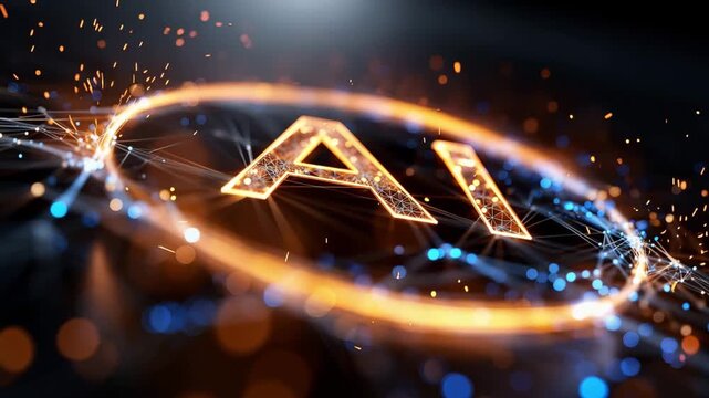 A futuristic showcasing the concept of artificial intelligence with a glowing AI logo in a dark background