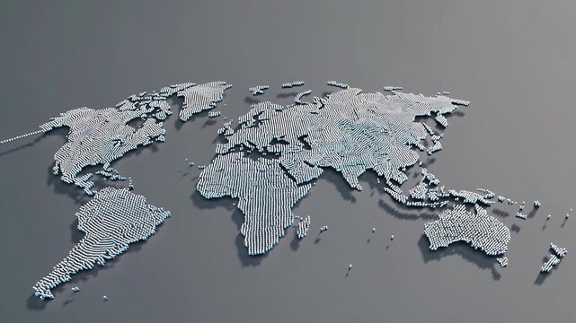 Abstract world map formed by tiny white spheres on a gray background; 3D dotted continents with soft shadows and a clean, futuristic look