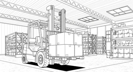 Forklift Lifting Boxes in Warehouse Sketch Illustration.