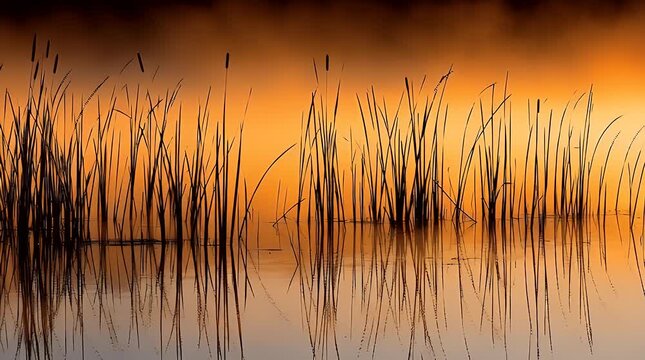 Golden hour reflection of reeds and cattails in a tranquil pond creating a serene landscape with warm tones and a peaceful atmosphere at dusk